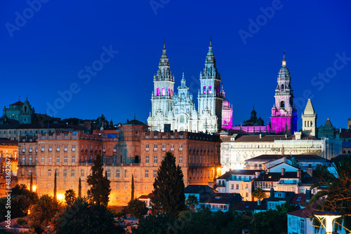 panoramic view of the cathedral of Santiago de Compostela in Spain - blue hour