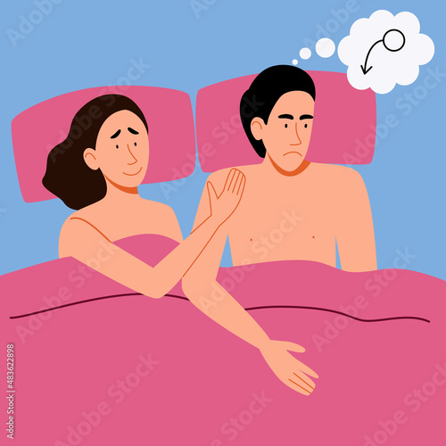 A couple of men and women lying in bed. The concept of a sexual or intimate problem between romantic partners. The girl comforts the guy. Vector illustration in a flat style.