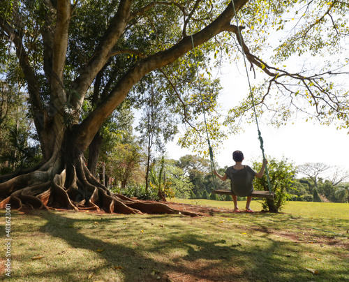 person sitting on a swing, of  big tree, Photo taken in Rolândia city Paraná Brazil,  20 august 2020. photo