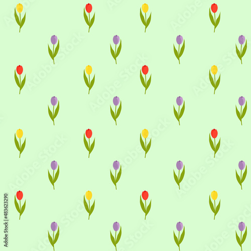 Vector seamless pattern of red, yellow and purple tulips on a transparent or green background. Spring print for textiles and decor.