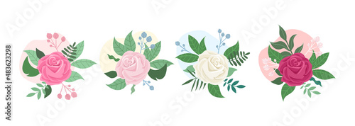 Set of rose flowers. Collection of elements to decorate website. Stylish drawings, plants and floristics. Icons for social networks. Cartoon flat vector illustration isolated on white background