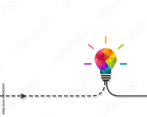 Colorful light bulb as creative idea concept. Abstract lightbulb made in low poly design and with multiple colors. Blank space, copy space, isolated on white background.