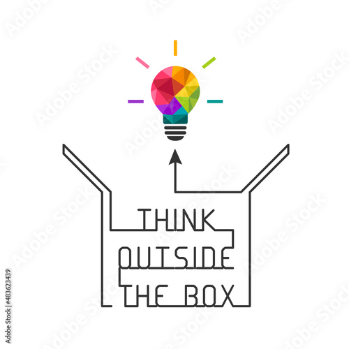Think outside the box concept with saying and colorful light bulb emerging out of the box. Creative thinking, solution and innovation symbol.