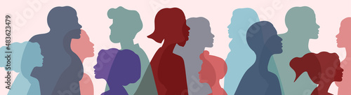 Silhouette men and women. Big crowd, faceless society, ordinary people. Group of friends, scenes of figures on streets of city, crowded alley and transition. Cartoon flat vector illustration