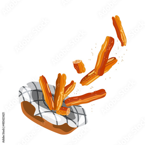 Chinese traditional food,deep fried bread sticks. Fried donut sticks with sesame seeds fall into basket,vector cartoon illustration in realistic style,isolated on white background.Asian desserts