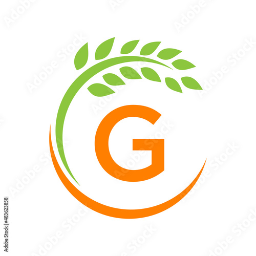 Agriculture Logo On G Letter Concept. Agriculture And Farming Pasture, Milk, Barn logo design. Farm Badge, Agribusiness, Eco-farm Design With G Letter Template