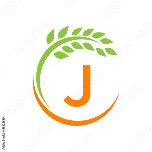 Agriculture Logo On J Letter Concept. Agriculture And Farming Pasture, Milk, Barn logo design. Farm Badge, Agribusiness, Eco-farm Design With J Letter Template