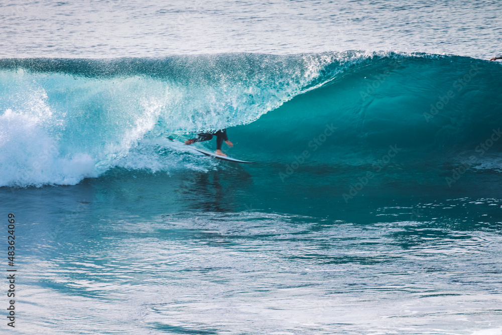 Naklejka premium Surfer in a perfect barrel wave