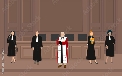 illustration représentant des magistrats, des greffiers ou des avocats avec le tribunal en arrière plan. Ils portent la robe.