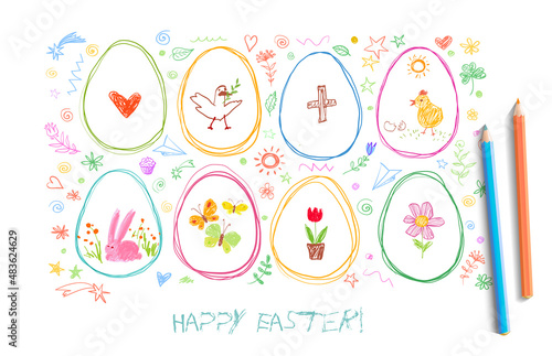 Children's drawing of easter doodles with colored crayons on white background.
