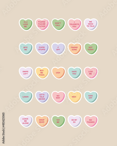 Anti valentines day candy hearts stickers. Sarcastic Quotes for Lonely Valentine's Day. Funny sweets. Vector illustration for print and web