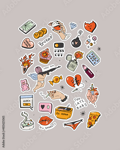 Anti-Valentines day stickers set in tattoo style. The broken heart of a lonely valentine's day. Cupid, heart, pain, pizza. Vector illustration for print and web
