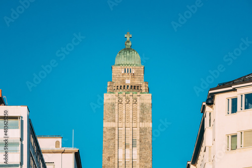 Helsinki, Finland. View Of Lutheran Kallio Church In Winter Day. Close Up. photo