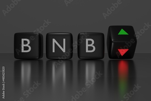 3d illustration of black dices with the word BNB on it, up and down arrows, conceptual image for crypto currency