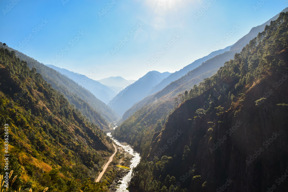 Beautiful curving river in the Himalaya mountains in Nepal. Tamang ...