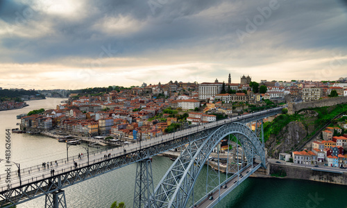 View of the city of Oporto and the Ribeira district in Portugal from the other side of the Douro River.