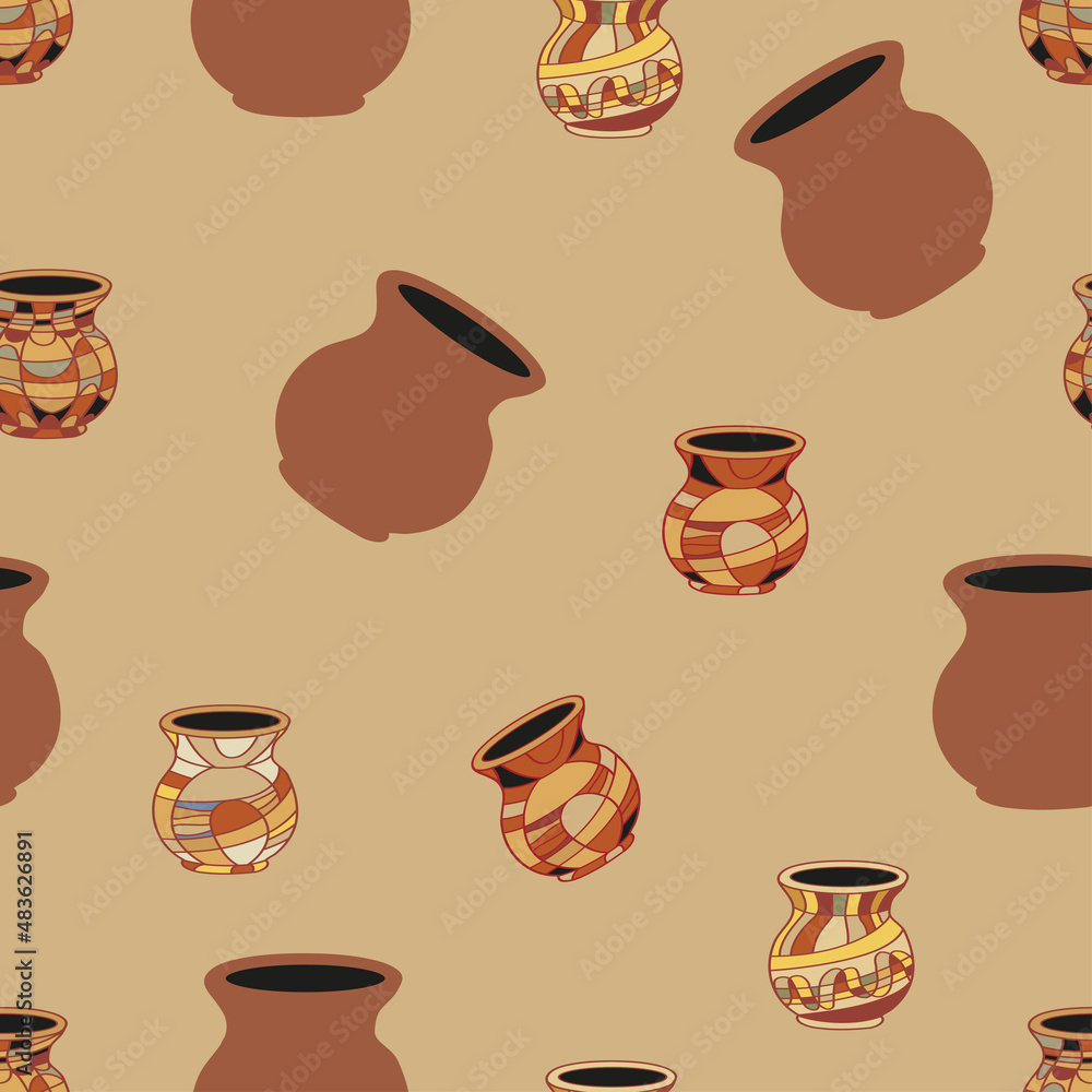 A pattern of clay jugs with various brown shades of geometric painting with glaze, household items, flower vases, milk dishes. Vectorseamless pattern of voluminous household items. A pattern of clay jugs with various brown shades of geometric painting with glaze, household items, flower vases, milk dishes. Vectorseamless pattern of voluminous household items.