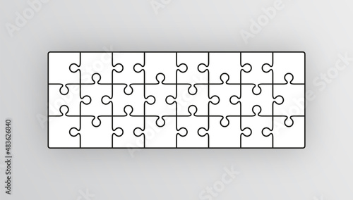 Puzzle pieces set. Jigsaw outline grid. Scheme of thinking game. Modern background with separate shapes. Mosaic silhouette with 24 details. Simple frame tiles. Cutting template. Vector illustration.