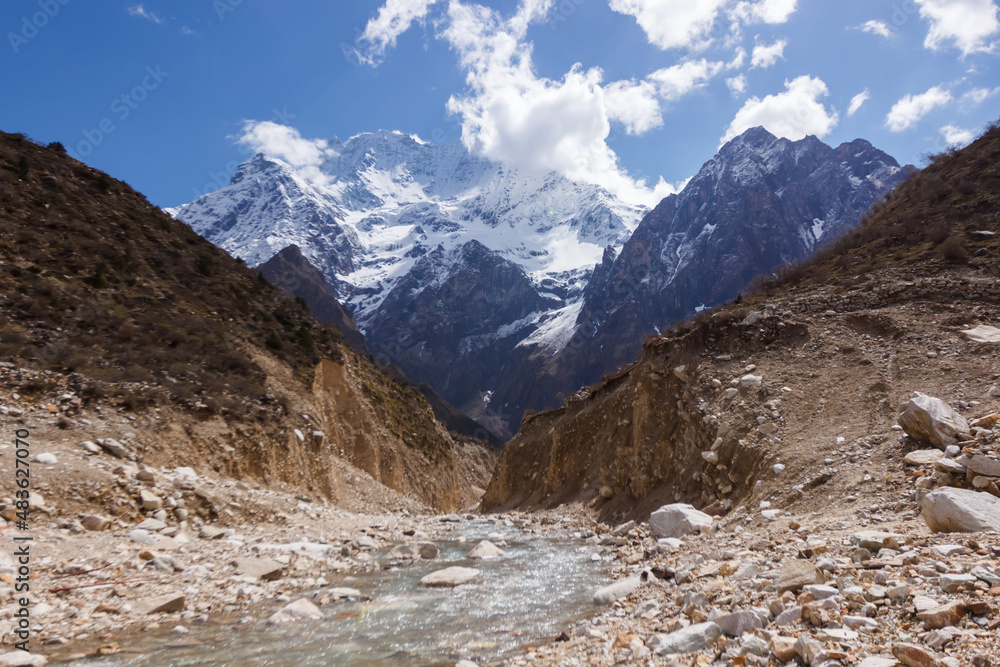 Mountain river in the manaslu region in the Himalayas