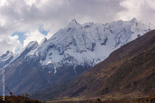View of the valley and mountain peaks in the Manaslu region in the Himalayas