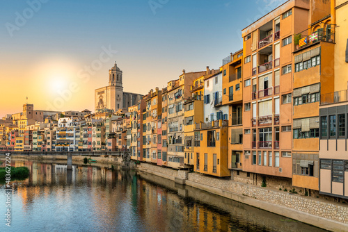view of the city of Girona in the historic center with the cathedral in Catalonia in Spain at sunset © Armando Oliveira
