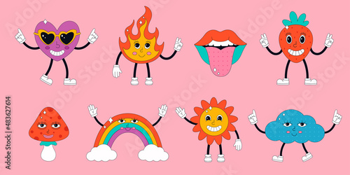 Set of cute characters and elements in psychedelic 70's style. Hippie, psychedelic, groove, retro and vintage style. Vector illustration