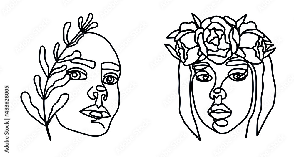 Set of continuous line art female faces with leaves and flowers ...