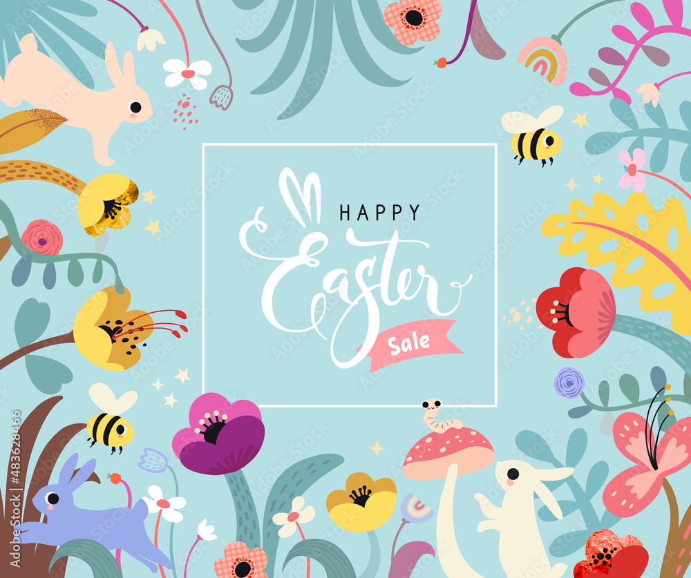 Happy Easter Sale banner. Easter design with typography, Flowers strokes, dots, eggs, and bunny. Colorful modern flat style. Poster, greeting card, header,