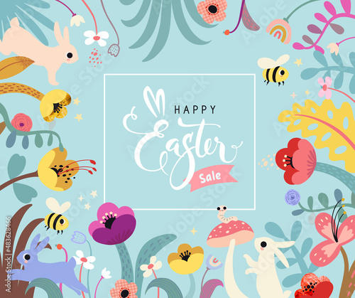 Happy Easter Sale banner. Easter design with typography, Flowers strokes, dots, eggs, and bunny. Colorful modern flat style. Poster, greeting card, header,