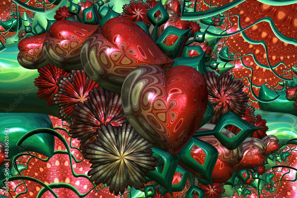 3d fractal illustration. Abstract fractal in bright and colorful color. A Valentine's day card. Valentine's hearts in love.