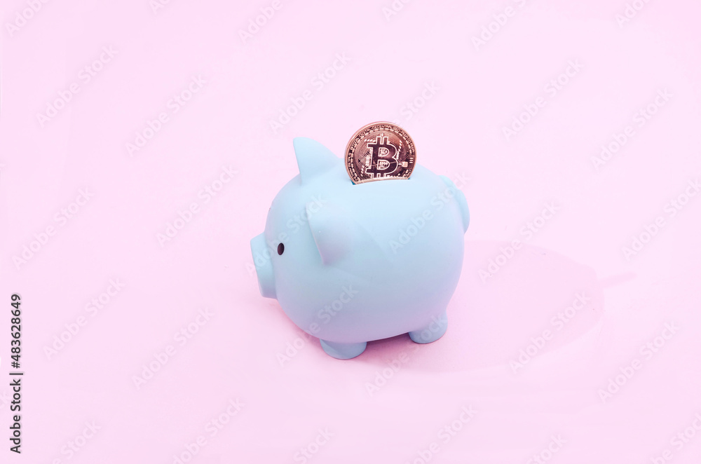 A golden bitcoin in a pastel blue piggy bank on pastel pink background. Creative concept for cryptocurrency or blockchain. Stock Market, digital gold money investment and stock business.