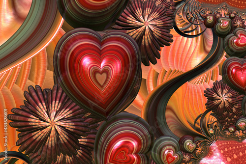 3d fractal illustration. Abstract fractal in bright and colorful color. A Valentine's day card. Valentine's hearts in love.