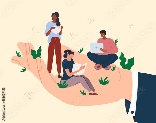 Young workers on palm. Employees under protection of superiors. Entrepreneur takes care of comfort of his subordinates. Teamwork, company development, common goals. Cartoon flat vector illustration