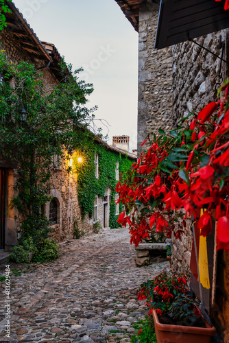 typical street with ivy and red flowers on the walls of the medieval village of Perouges in Lyon France. photo