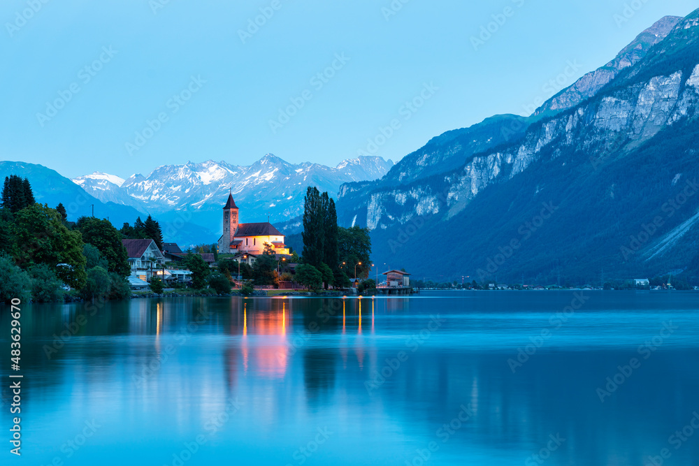 view of the church in the picturesque village of Brienz beside the lake in Switzerland.. view of the church in the picturesque village of Brienz beside the lake in Switzerland..