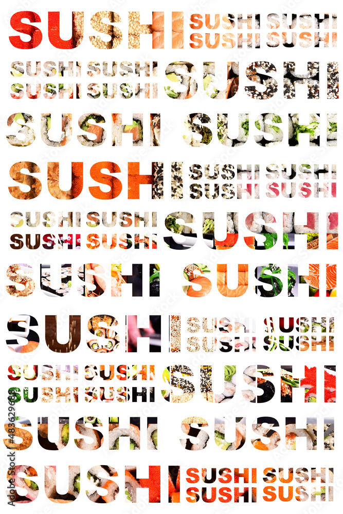Fototapeta Kolaż z tekstem sushi. Żywność. Sushi i bułki w różnych kompozycjach na tle.