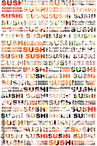 Collage with text sushi. Food. Sushi and rolls in different compositions on background. 