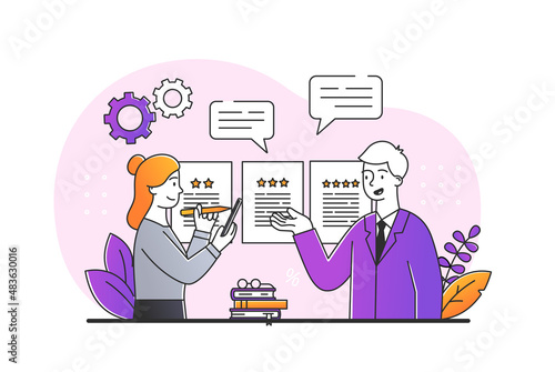 Concept of best option. Man and girl analyzing options. Characters stand in front of pieces of paper. Board of directors chooses path of company development. Cartoon flat vector illustration