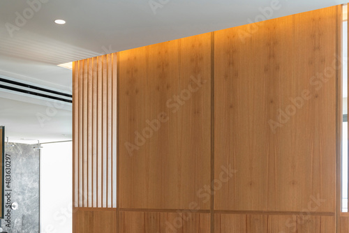 Decorative wooden wall, interior melamine accent, modern bedroom photo