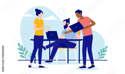 Casual teamwork - Diverse team of people working together with computers. Flat design vector illustration with white background