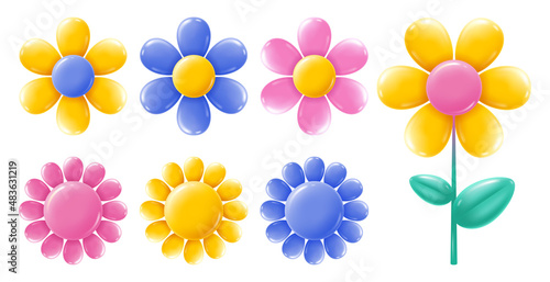 Set of colourful geometric abstract flowers, convex, from glossy and shiny plastic material. Vector illustration.