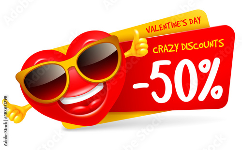 Happy Valentines Day label or badge for festive sale with cheerful heart which laughing and show thumb up. Crazy discounts. Percentage tag. Vector illustration.