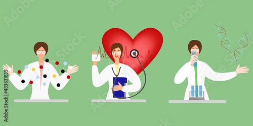 Women scientists conducting laboratory research: genetic, molecular, dna, cardiovascular. A set of flat cartoon vector illustrations. Can be used for website,mobile app, landing page