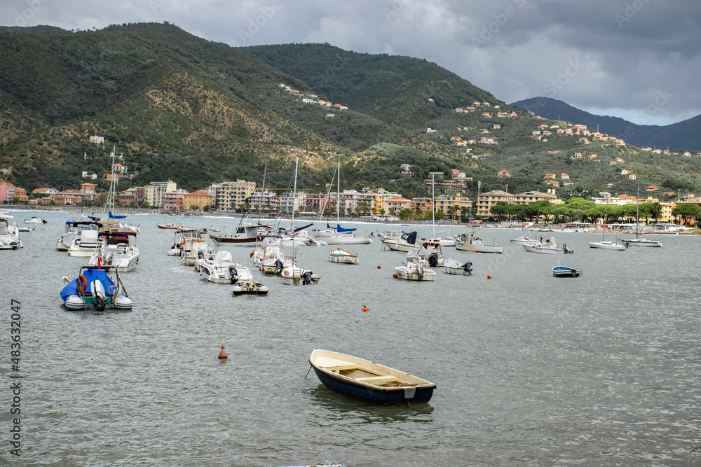 Cinque Terre, Sestri Levante, Italy, Liguria, September 2015. numerous boats in the bay