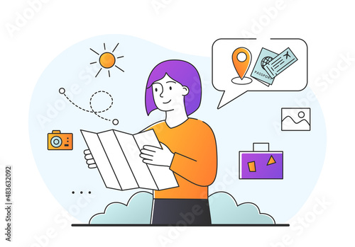 Concept of deciding. Girl with map in her hands chooses place for vacation. Travel and adventure. Summer and exotic countries. Young woman dreaming about sea. Cartoon flat vector illustration
