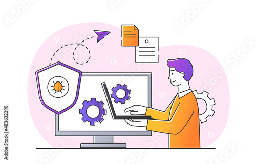Deleting virus concept. Man writes code at laptop. Character doing work. Freelancer and remote worker. Personal data protection, hackers, danger on internet. Cartoon flat vector illustration