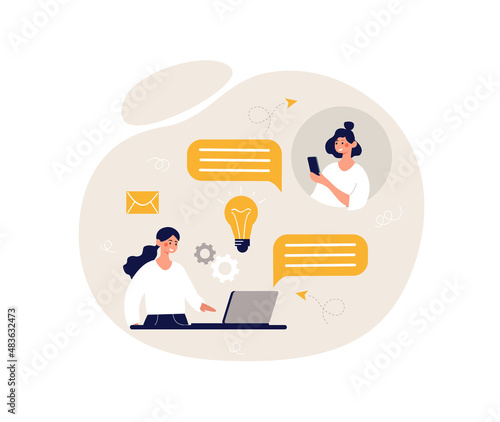 Digital communication concept. Girls sharing their ideas on Internet, correspondence in instant messengers or social networks. Remote employee, company development. Cartoon flat vector illustration