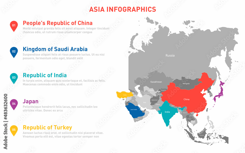 Naklejka premium Asia map infographic template. Vector map with Asian countries and borders. World business infographic template for data, analytics, information and economic statistic. Asia map template. Vector
