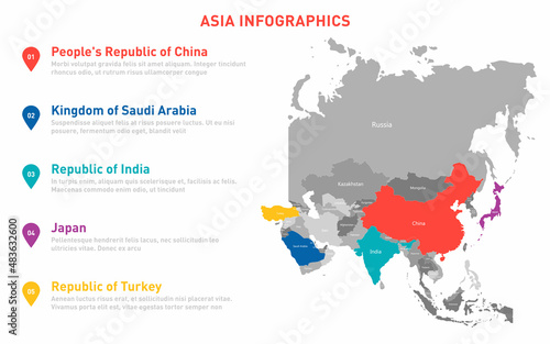Asia map infographic template. Vector map with Asian countries and borders. World business infographic template for data  analytics  information and economic statistic. Asia map template. Vector