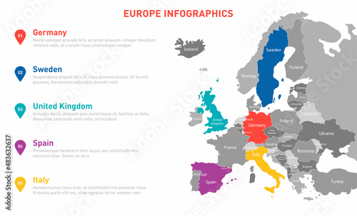 Europe map infographic template. Vector map with European countries and borders. World business infographic template for data, analytics, information and economic. Europe map template. Vector